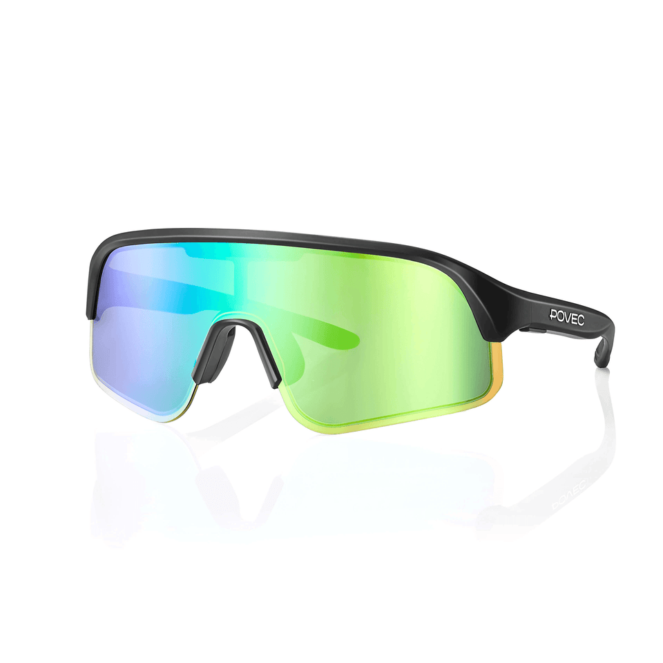 POVEC C1 Sunglasses, Matte Black + Green Revo
