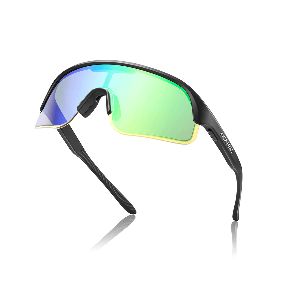 POVEC C1 Sunglasses, Matte Black + Green Revo, back angle
